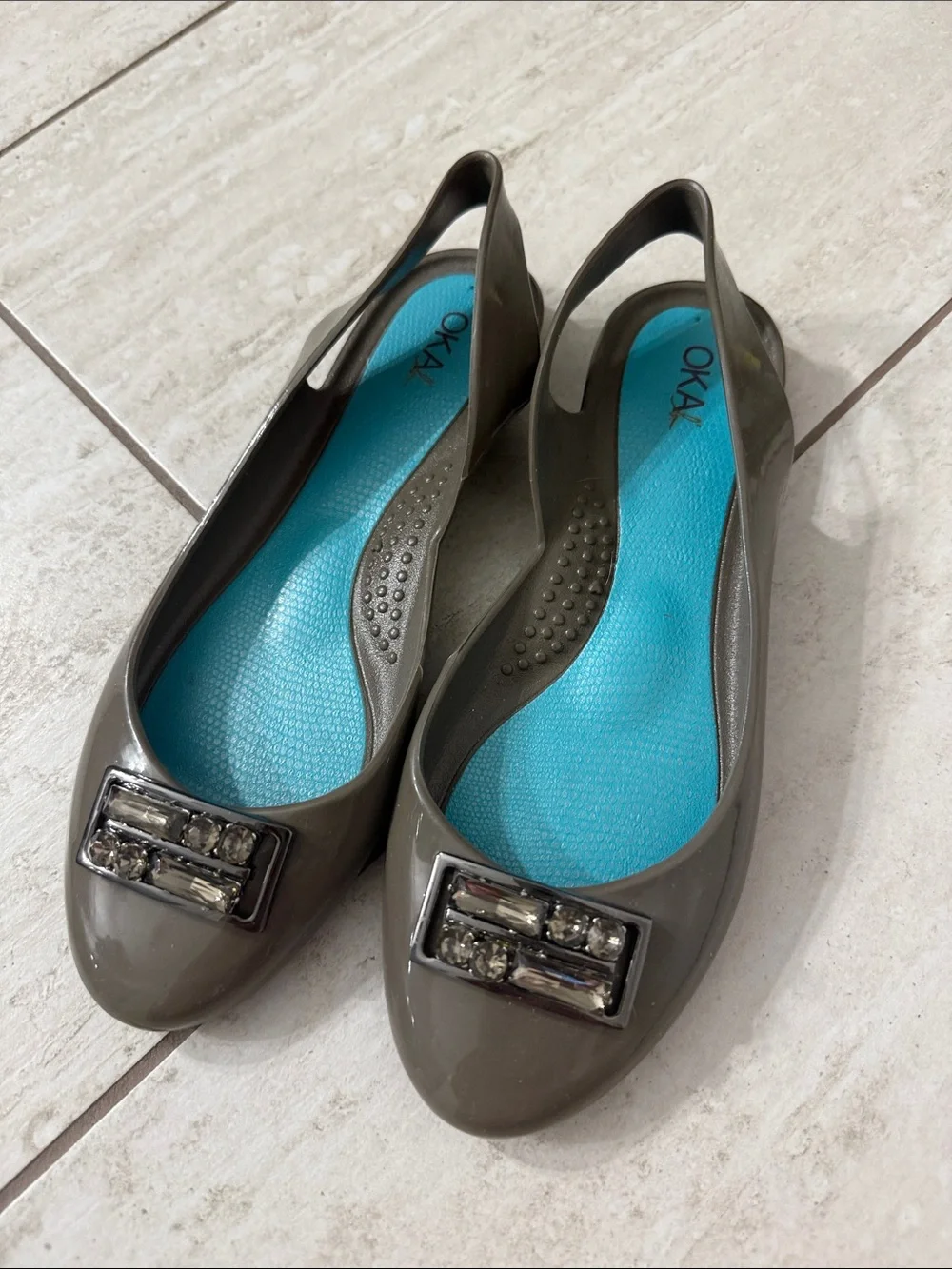 OKA b. gray slingback jelly flats with turquoise insole and jeweled buckle